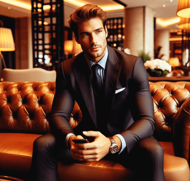 가죽 소파에 정장을 잘 차려입은 백만장자 백인 남자가 앉아있다.