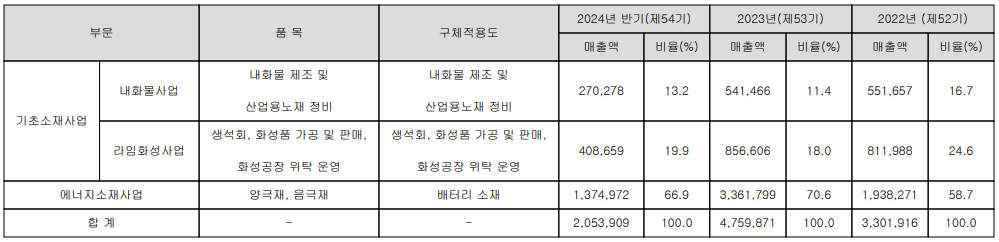 포스코퓨처엠 - 주요 사업 부문 및 제품 현황(2024년 상반기)