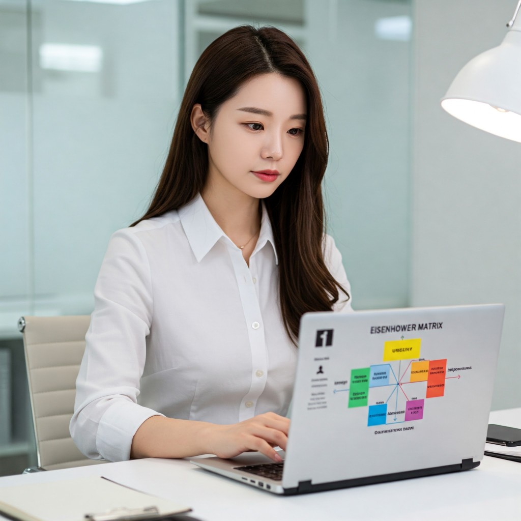 노트북 화면의 4분할 아이젠하워 매트릭스를 집중해서 보는 한국 여성 직장인