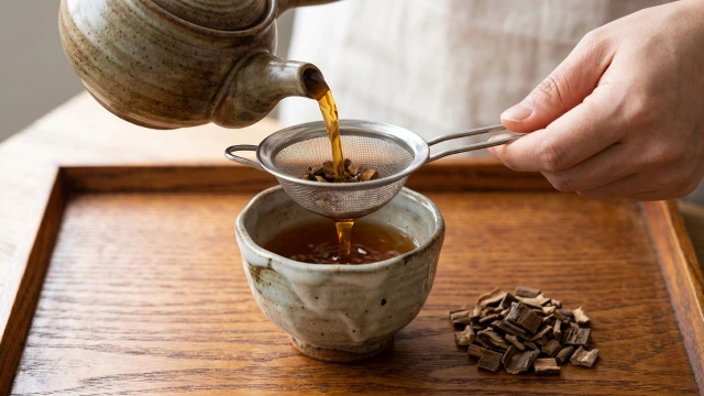 완성된 두충차를 체로 걸러 잔에 담는 마지막 단계