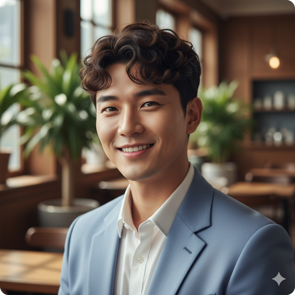 한국적으로 생긴 남성이 컬리하지만 깔끔한 헤어스타일로 웃으며 카메라를 바라보는 모습