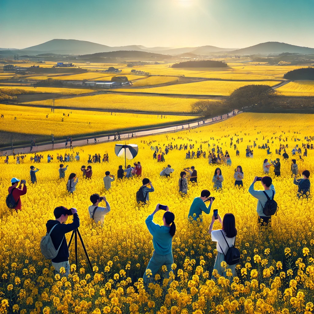 제주도의 드넓은 유채꽃밭에서 사진을 찍는 사람들, 화사한 노란 꽃과 푸른 하늘이 어우러진 풍경