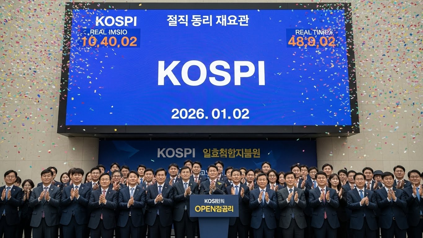 Korean stock market opening ceremony scene, large digital signboard showing KOSPI index and date '2026. 01. 02', people in suits clapping, confetti falling, bright and hopeful atmosphere, realistic news photo style