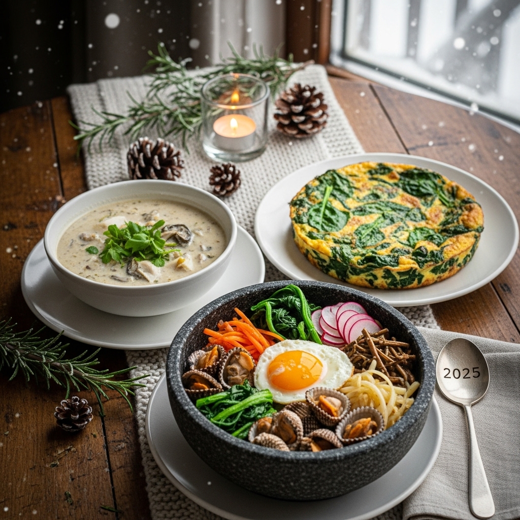 2025년 겨울 제철 식재료인 굴, 시금치, 꼬막으로 만든 따뜻한 굴국밥, 시금치 프리타타, 꼬막 비빔밥이 차려진 아늑한 겨울 식탁.2