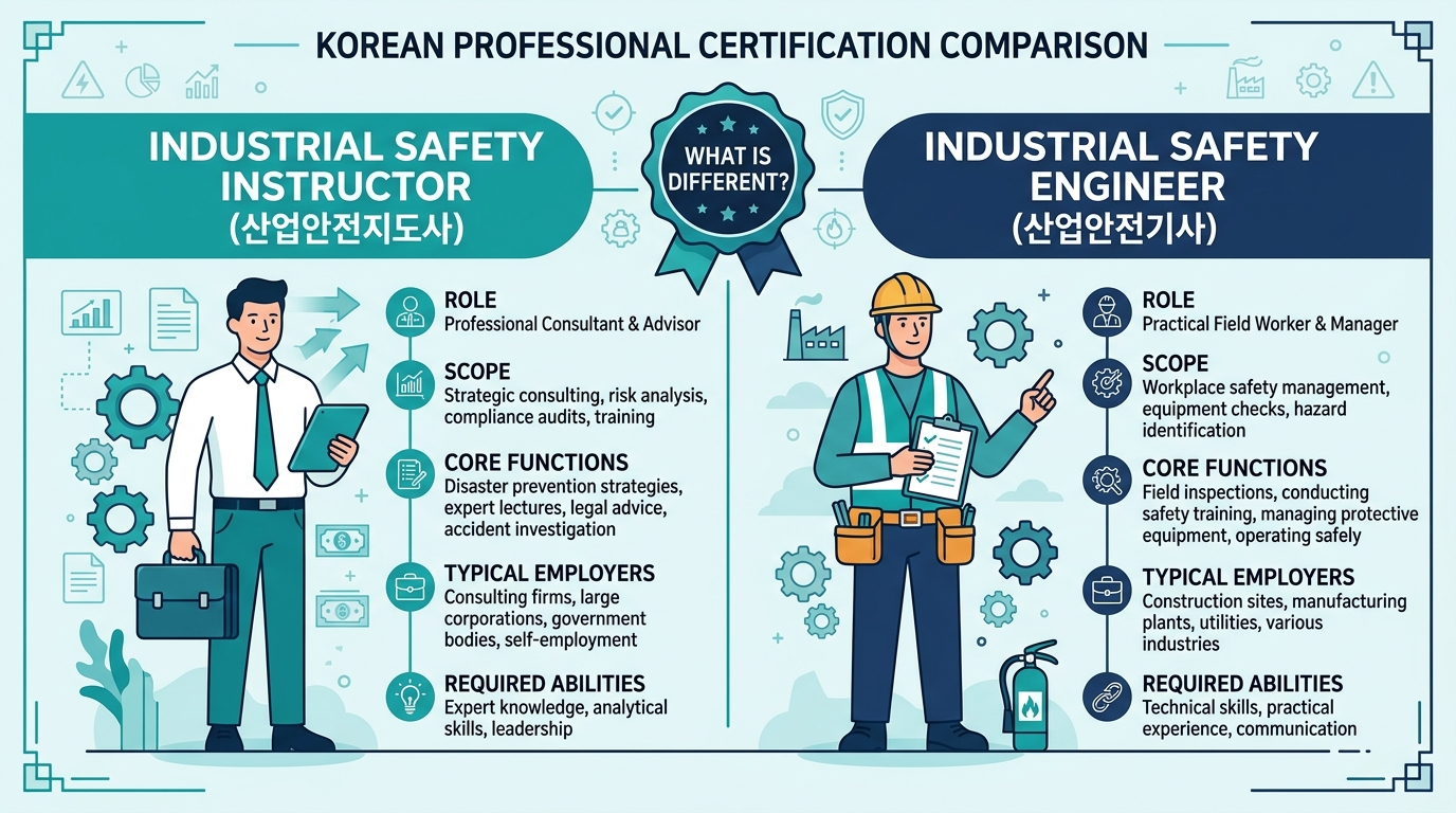 산업안전지도사 vs 산업안전기사 차이점 완전 비교 — 자격종류·난이도·활용도 인포그래픽