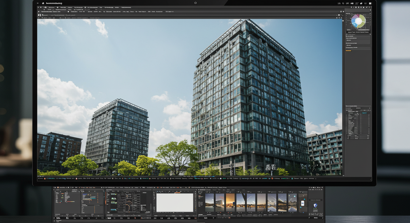 사무실,건축물 사진을 편집중인 데스크탑