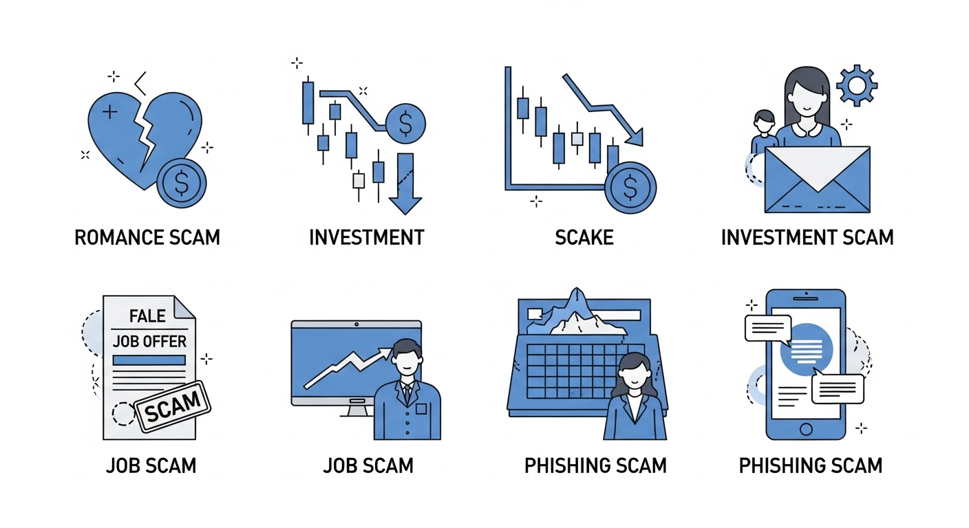 로맨스, 투자, 취업, 피싱 등 다양한 유형의 해외 스캠 아이콘들이 한눈에 정리된 이미지