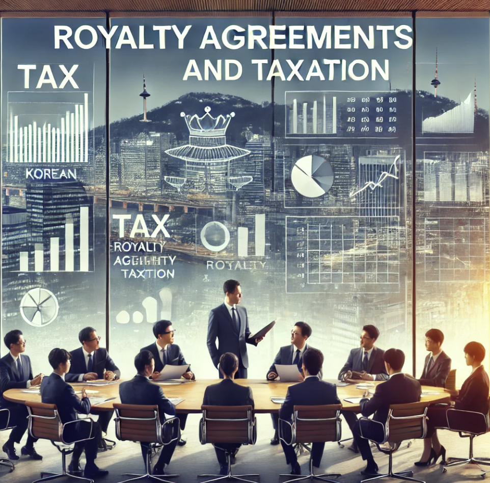 저작권 계약과 세금 문제를 논의하는 한국 비즈니스 미팅 장면.