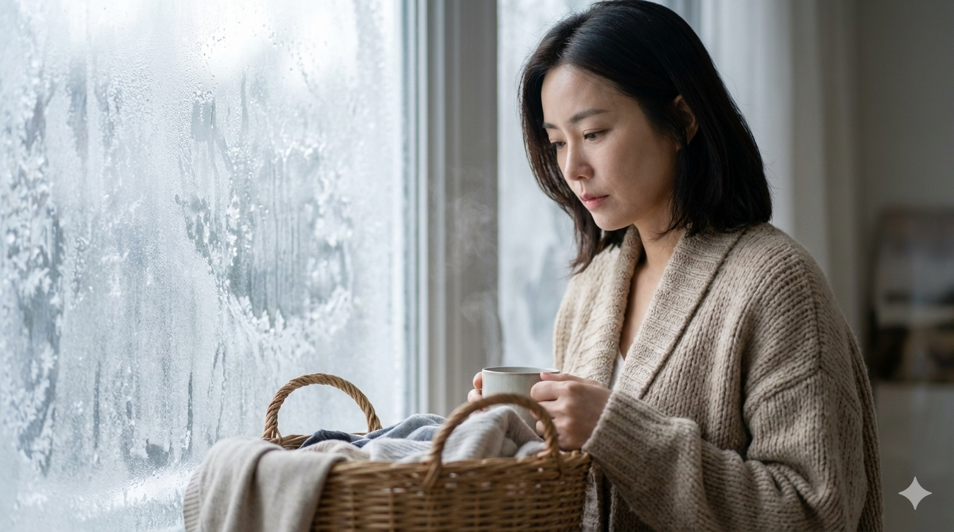 창가에 서서 빨래 고민하는 여성, 겨울철 실내 건조의 어려움과 꿉꿉한 빨래 냄새로 고민하는 모습
