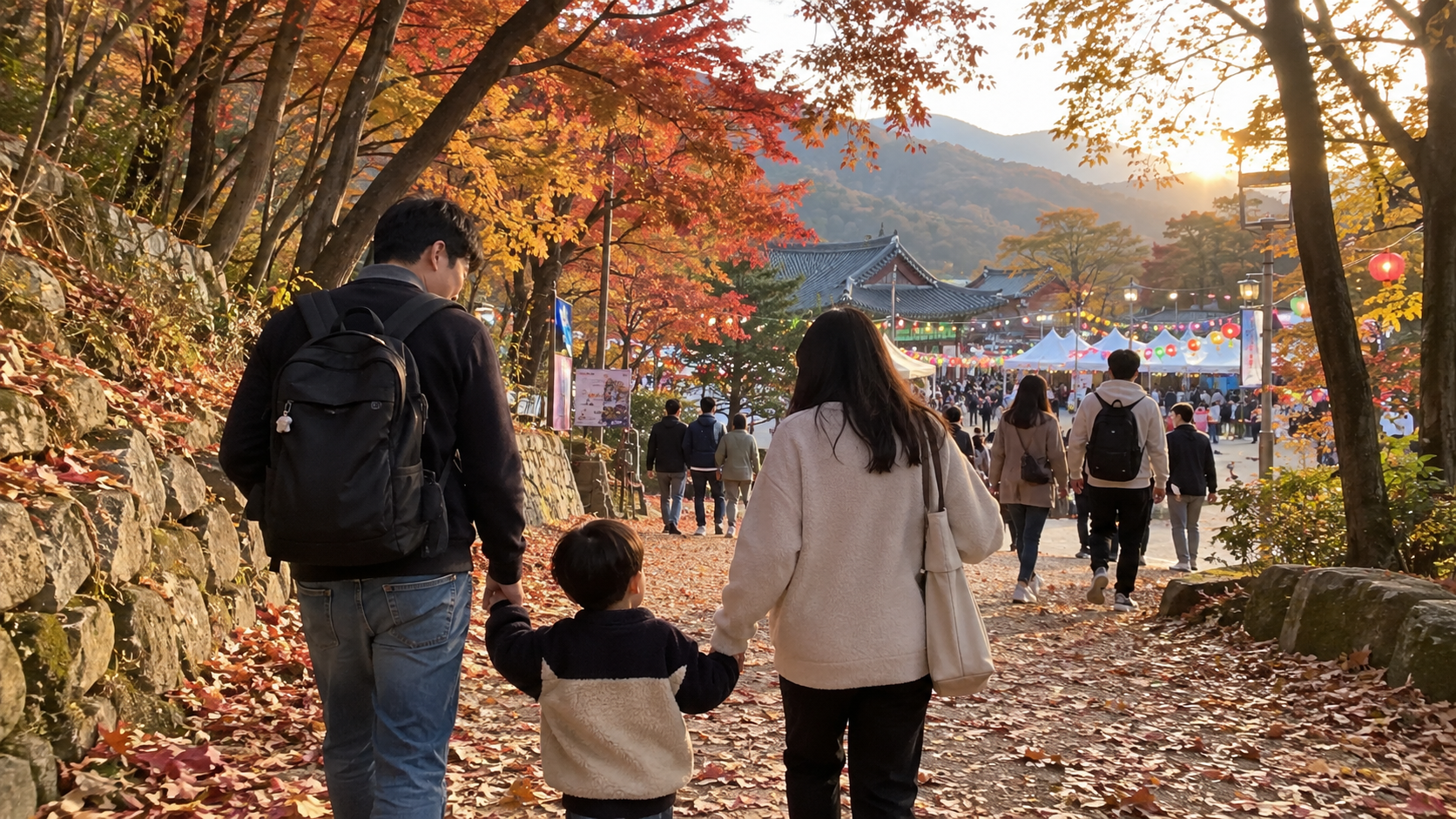 가을 단풍이 물든 길을 걸으며 축제장을 찾아가는 가족