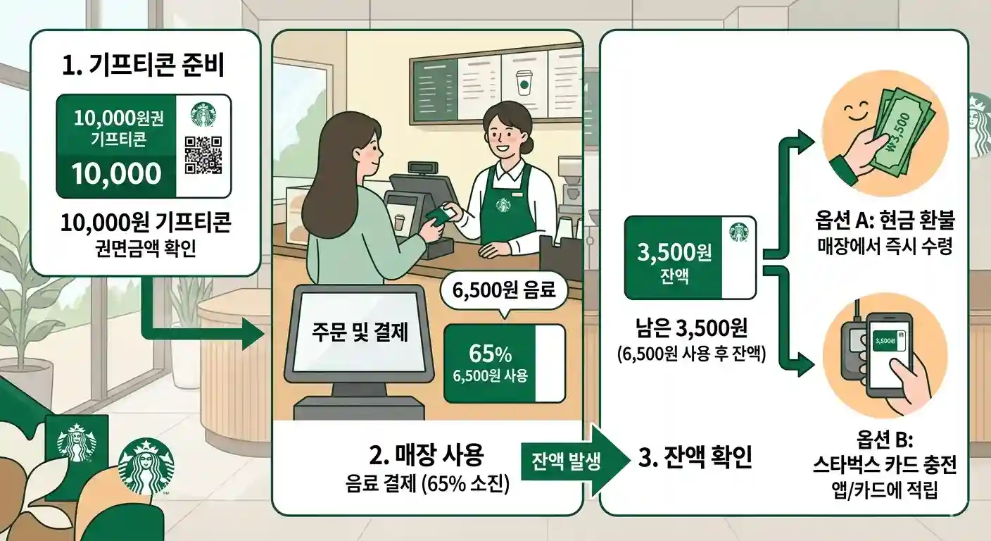 스타벅스 모바일 기프티콘 상품권 사용 후 남은 금액 반환 규정 설명 예시 이미지. 권면 금액의 60% 이상 결제 시 남은 잔액을 현금이나 스타벅스 카드로 돌려받는 흐름도