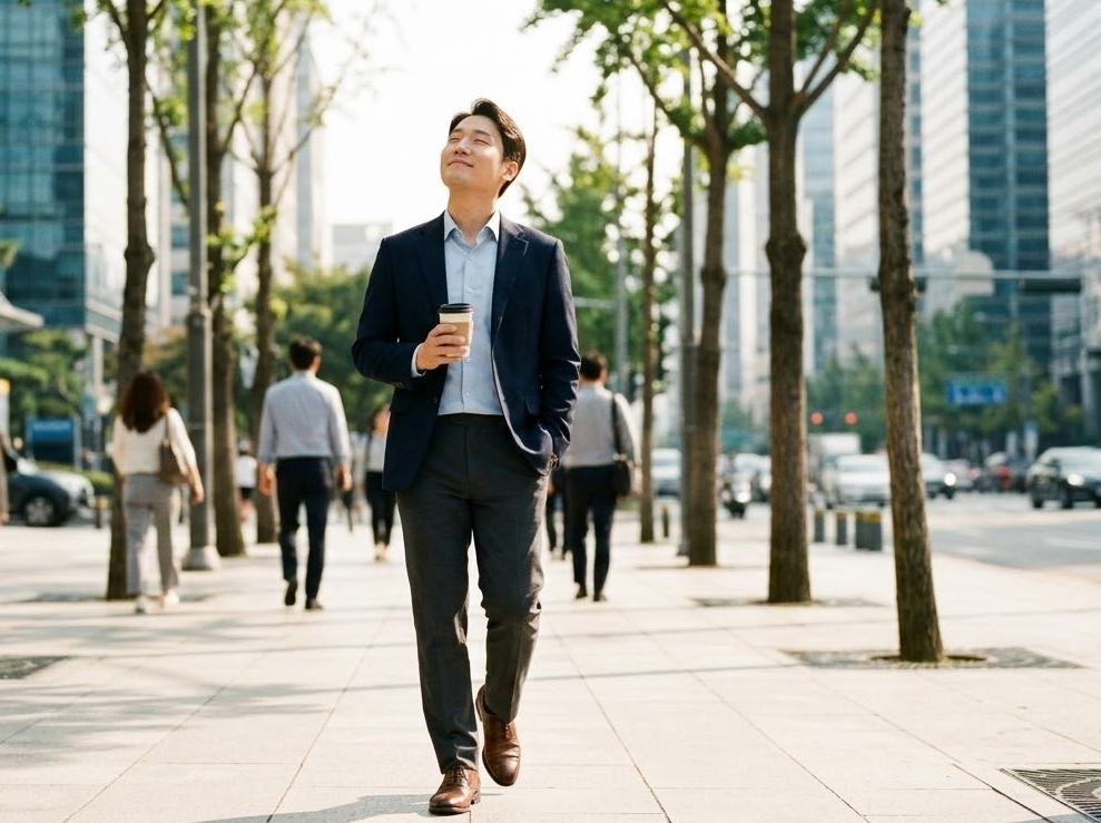 점심시간에 나와 햇빛을 쬐고 있는 남성