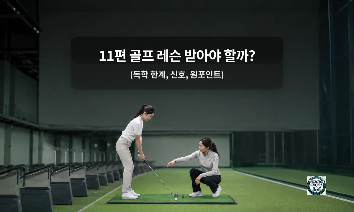 실내 골프연습장에서 한국인 여성 골퍼가 아이언 자세에 대해 원포인트 골프 레슨을 받는 장면
