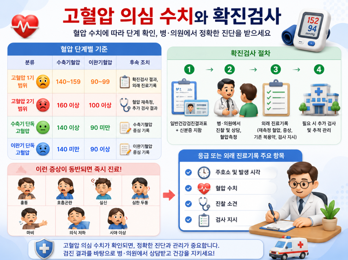 고혈압 1기·2기 범위와 고혈압 의심 시 확진검사 절차 및 진료기록 항목을 설명한 의료 인포그래픽