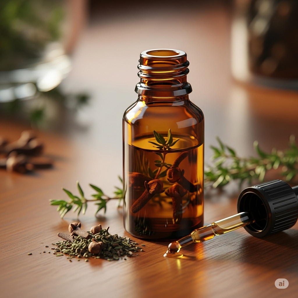 클로브와 타임 에센셜 오일 블렌드를 담은 고급스러운 갈색 유리병 사진
