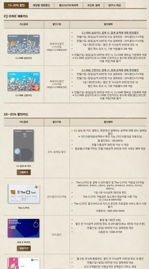 빕스(VIPS)+카드사+제휴할인+목록