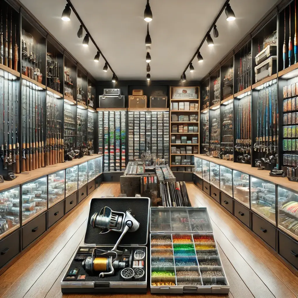 다양한 낚시 용품이 진열된 낚시 용품 가게 내부 모습