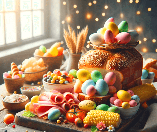 나무 식탁 위에 삶은 달걀들이 수십개 있고, 커다란 식빵과 베이컨, 노란 옥수수가 있다. 달걀은 분홍색, 하늘색, 노란색, 흰색이다.