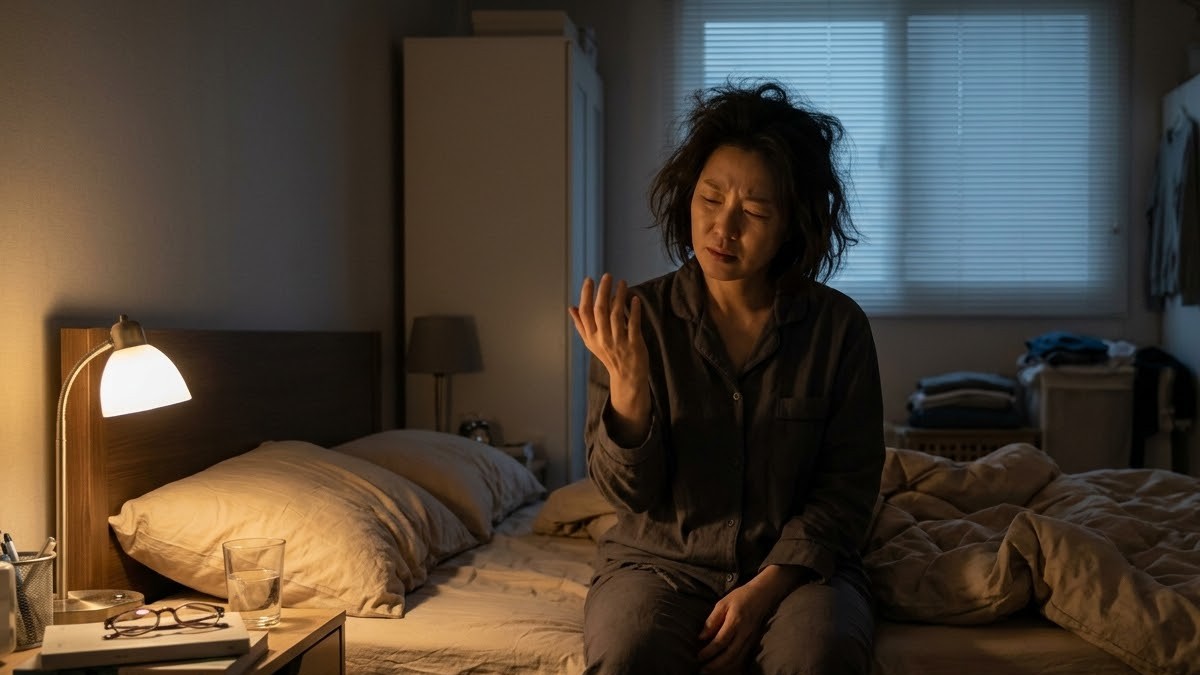 새벽에 침대에 앉아 저린 손을 털고 있는 40대 여성