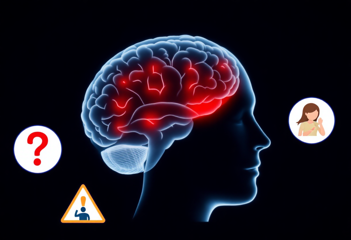 치매 진행 부위를 나타낸 뇌 이미지와 기억력 저하 경고를 표현한 일러스트 이미지