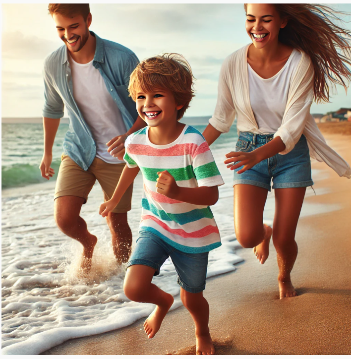 초등학생 자녀와 해변으로 여행 간 가족사진