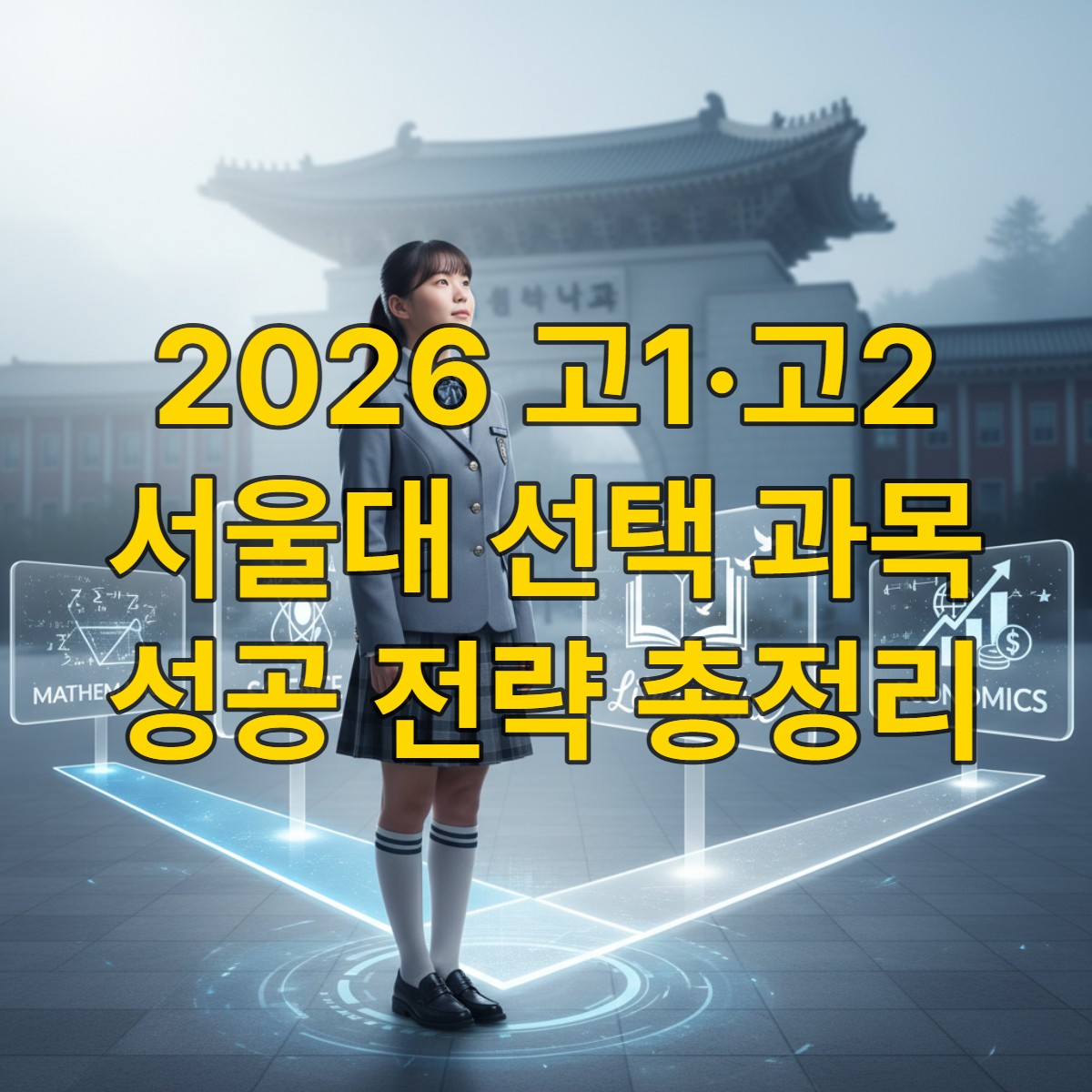 미래 진로와 학과 선택의 중요성을 고민하는 고등학생이 여러 갈림길 앞에서 교과 선택지를 바라보는 모습. 배경에는 서울대학교를 상징하는 건물이 희미하게 보인다.