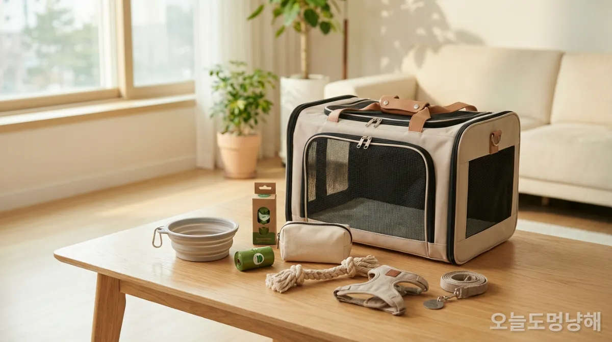 반려동물과 외출 시 필요한 이동장, 배변 봉투, 물그릇 등 필수 준비물
