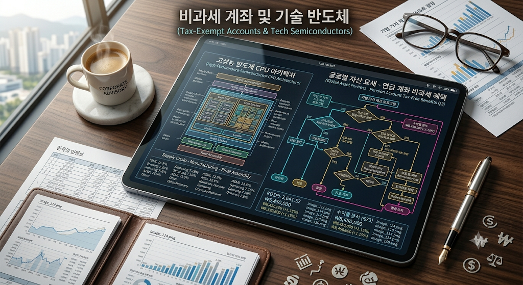 세련된 서재 테이블 위 태블릿 화면에 선명하게 정렬된 에이전틱 AI 1대1 CPU 매칭 아키텍처 및 퇴직연금 100% 절세 포트폴리오 구조도