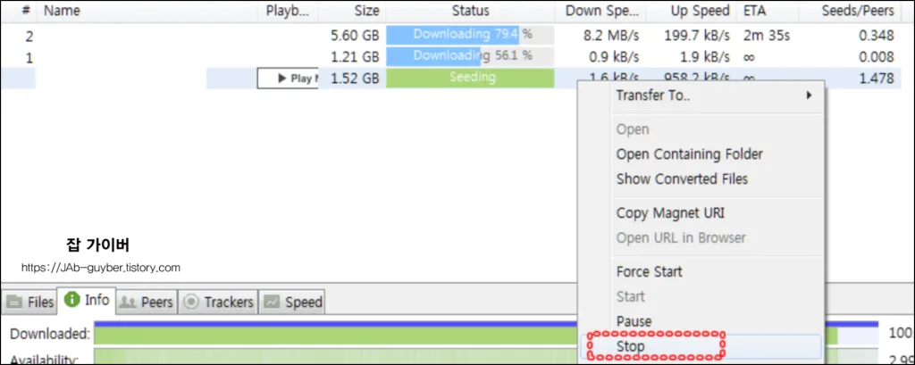 배포 중인 토렌트 항목 목록이 보이는 화면