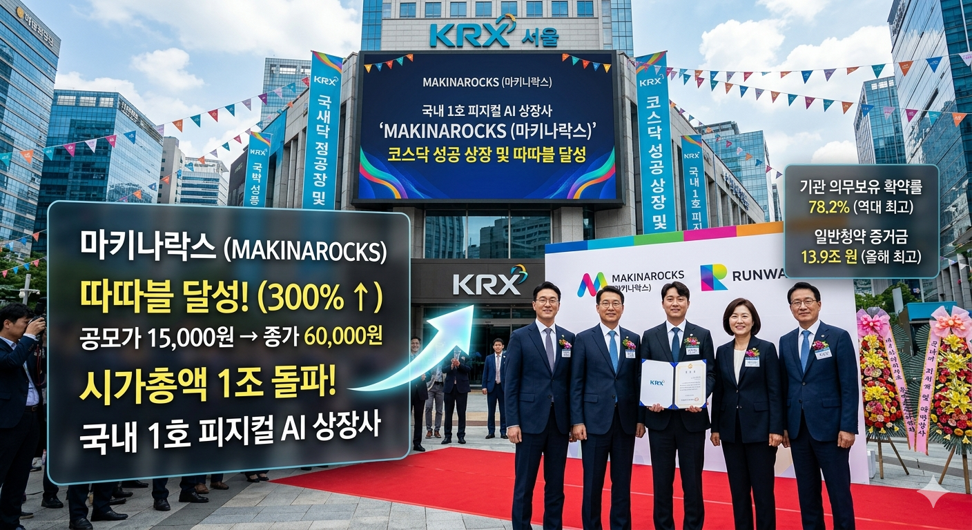 "한국거래소 서울사옥 앞에서 마키나락스(MakinaRocks)의 코스닥 성공 상장 및 따따블 달성을 기념하여 윤성호 대표를 포함한 주요 인사들이 기념 촬영을 하고 있다. 화면에는 '따따블 달성(300%)', '시가총액 1조 돌파', '기관 의무보유 확약률 78.2%' 등 주요 기록들이 한글로 강조된 썸네일 이미지"