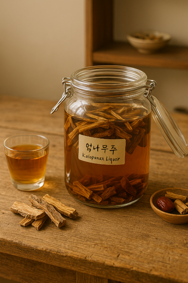 전통 방식으로 엄나무를 담금주에 담근 모습 – 민간요법용 엄나무주 만들기 과정