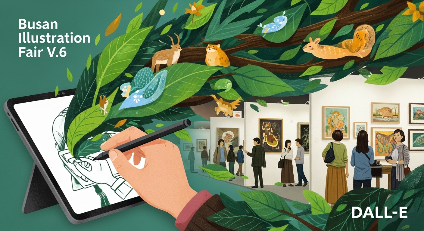 2025년 부산일러스트레이션페어에서 영감을 받은, 자연 친화적 스토리텔링과 하이브리드 기법이 융합된 생동감 넘치는 일러스트. 아티스트의 손과 태블릿, 그리고 자연 요소가 어우러져 새로운 트렌드를 표현합니다.