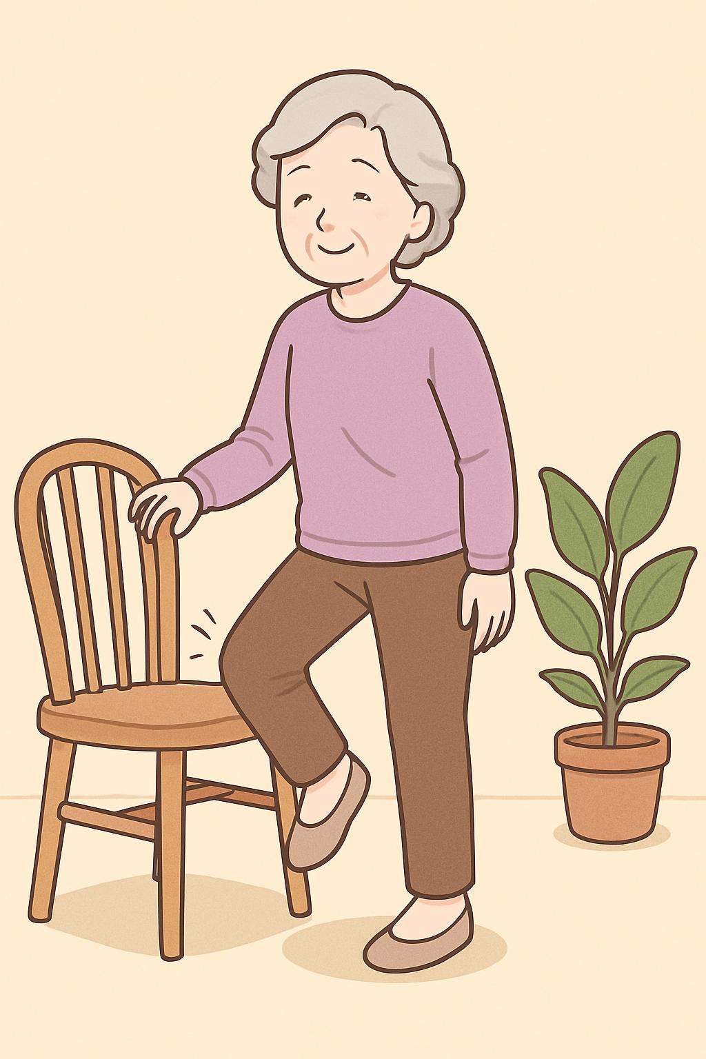 무리하지 않는 무릎운동으로 건강을 관리하는 중년 여성의 모습 만화체 이미지