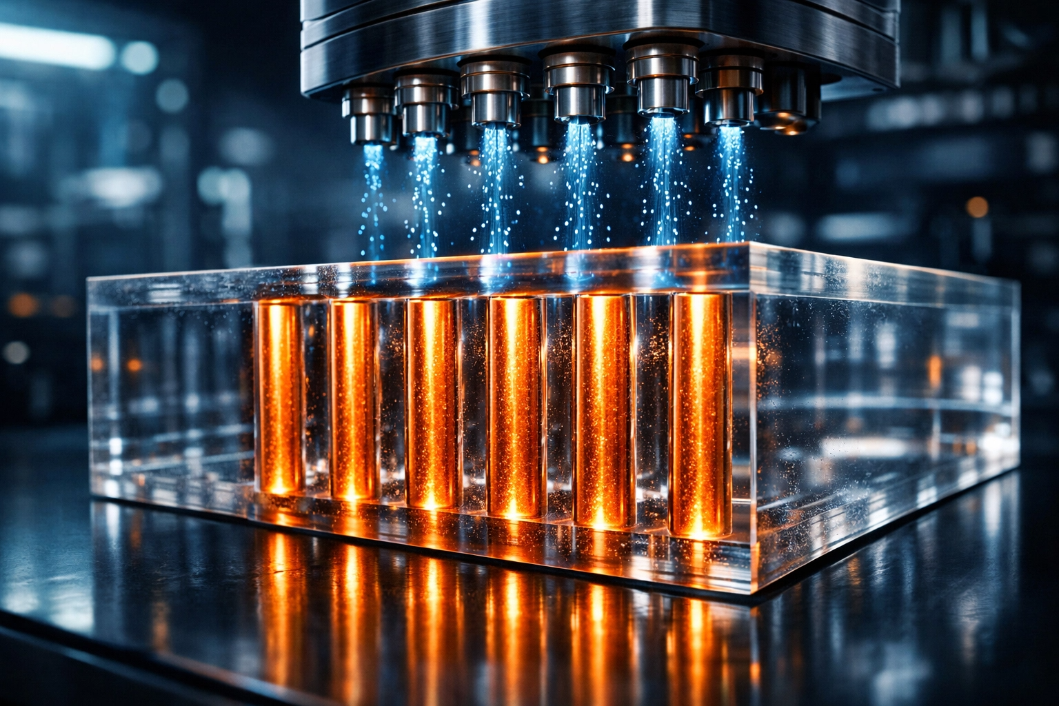 고난도 미세홀 충진: 유리 기판 내부에 형성된 깊고 좁은 미세홀(Aspect Ratio 8:1 이상)에 구리가 빈틈없이 균일하게 채워지는 모습을 정밀하게 묘사했습니다.
하이브리드 도금 방식: 상단의 도금 헤드에서 화학적 이온이 공급되며 미세홀 내부를 금속 구리로 변환시키는 첨단 공정 과정을 시각화했습니다.
압도적 수율 시각화: 모든 미세홀이 동일하고 완벽하게 충진된 모습을 통해 나인테크 기술의 안정성과 높은 수율 확보 능력을 강조했습니다.
기술적 디테일: 투명한 유리 기판과 대비되는 밝게 빛나는 구리 금속 질감을 통해 반도체 패키징 분야의 차세대 핵심 기술임을 부각했습니다.
