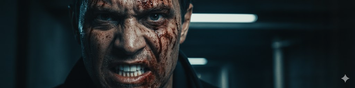 최후의 결전에서 살기 등등한 눈빛으로 마석도와 대치하는 메인 빌런의 클로즈업