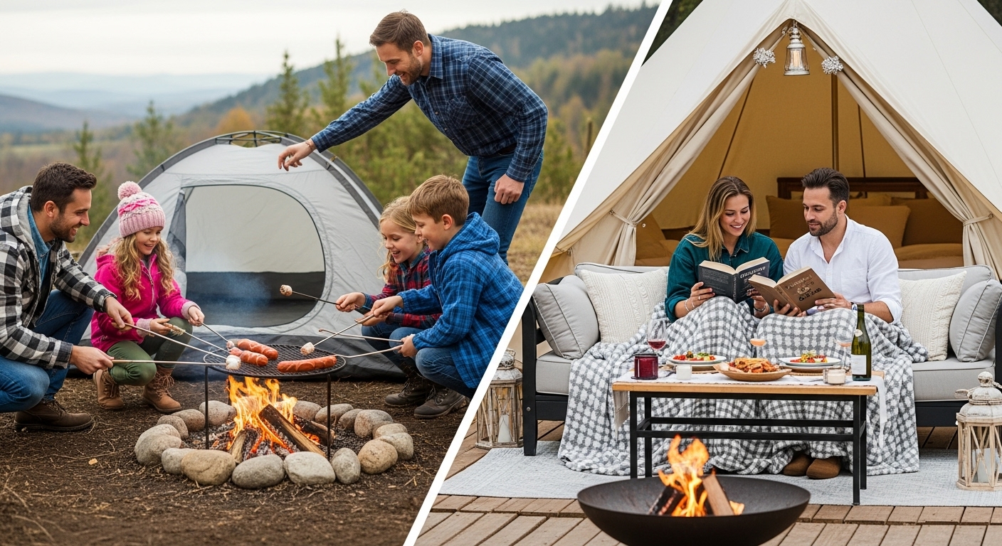푸른 숲을 배경으로 한쪽에는 소박한 캠핑 텐트와 캠프파이어, 다른 한쪽에는 화려하게 꾸며진 글램핑 텐트가 대조적으로 펼쳐진 풍경.