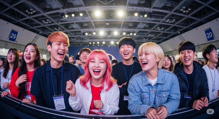 콘서트 또는 전시회에서 즐겁게 웃고 있는 청년들의 모습