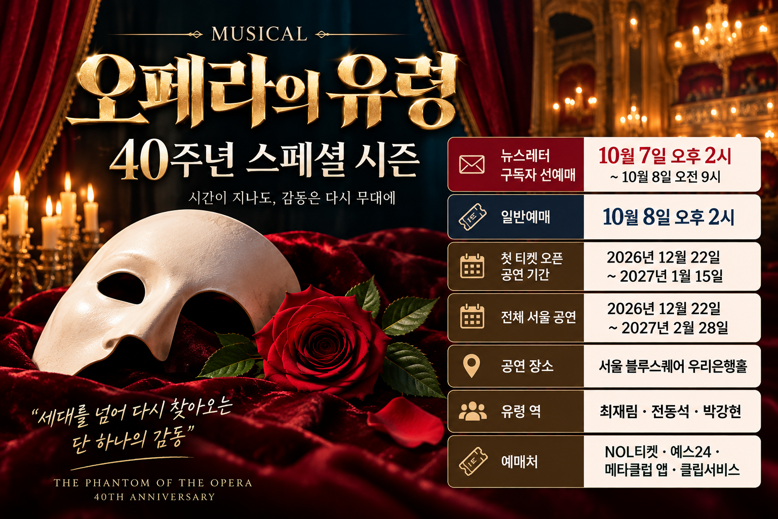 오페라의 유령 40주년 서울 공연 선예매 일반예매 첫 티켓 오픈 일정과 공연기간