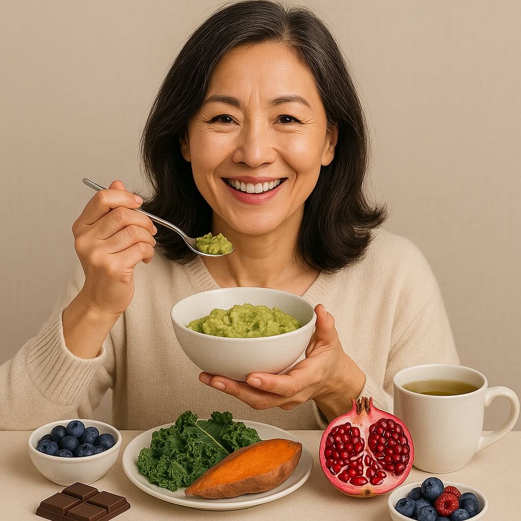 밝고 아름다운 눈을 가진 50대 여성이 항산화 식품이 가득한 테이블 앞에서 아보카도를 떠먹으며 환하게 웃고 있는 모습. 테이블 위에는 석류, 고구마, 케일, 블루베리, 베리 믹스, 다크 초콜릿, 녹차 등 건강한 식재료가 정갈하게 차려져 있음