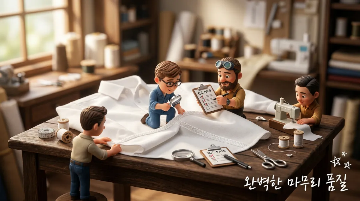 완성된 의류의 오버로크 마무리 품질을 검수하는 디오라마 장면