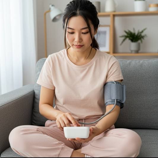 대나무 수액 효능 혈압 개선, 혈압 측정하는 젊은 여성 사진