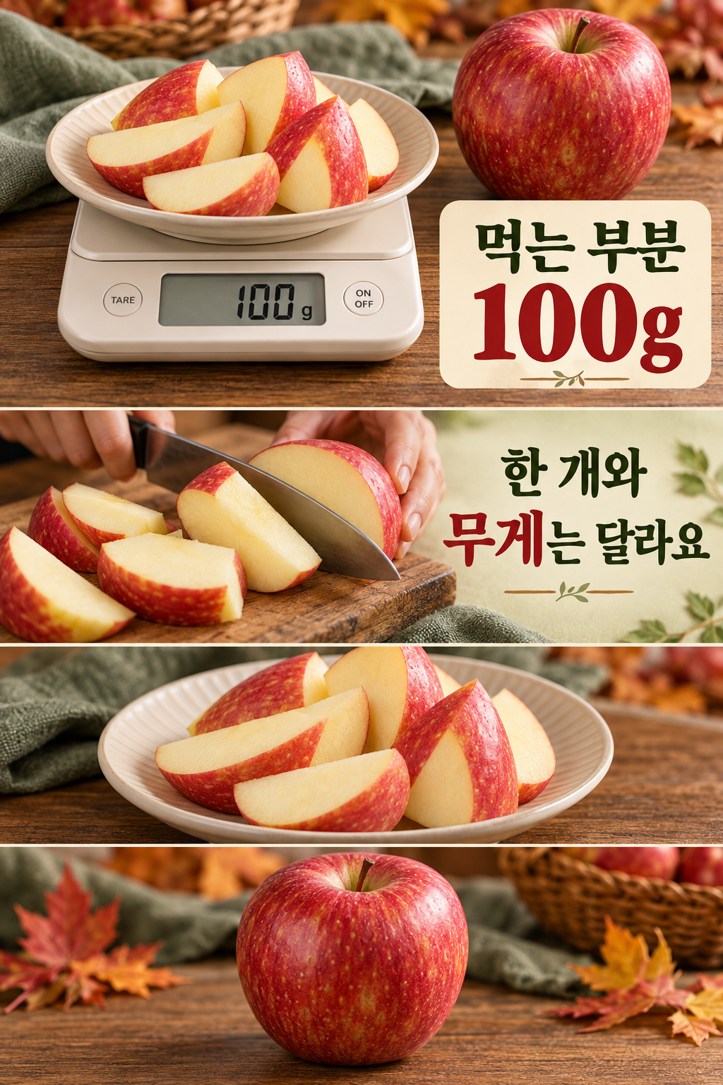통사과와 별도로 덜어 저울에 올린 껍질 있는 사과 조각.