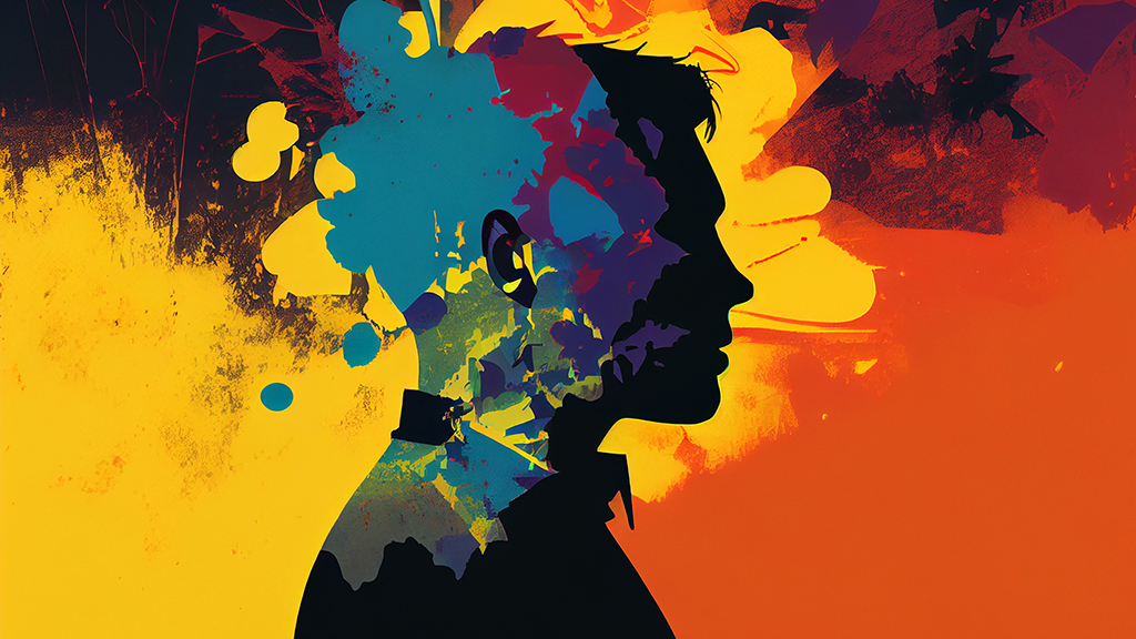 빨강과 노랑이 대조적인 배경에 여러가지 색깔으로 이루어진 인간의 상반신 그림