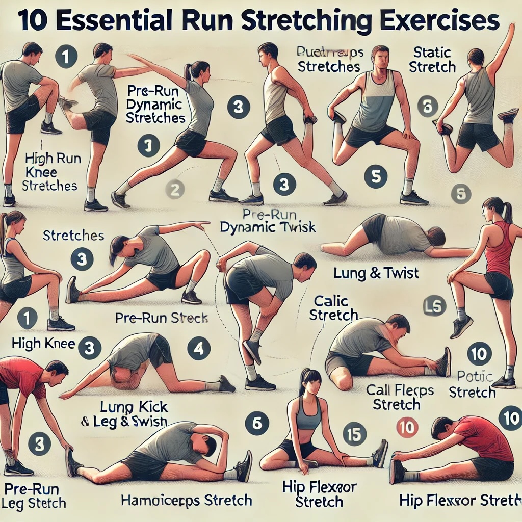 러닝 전후 필수 스트레칭 자세를 보여주는 이미지 사진