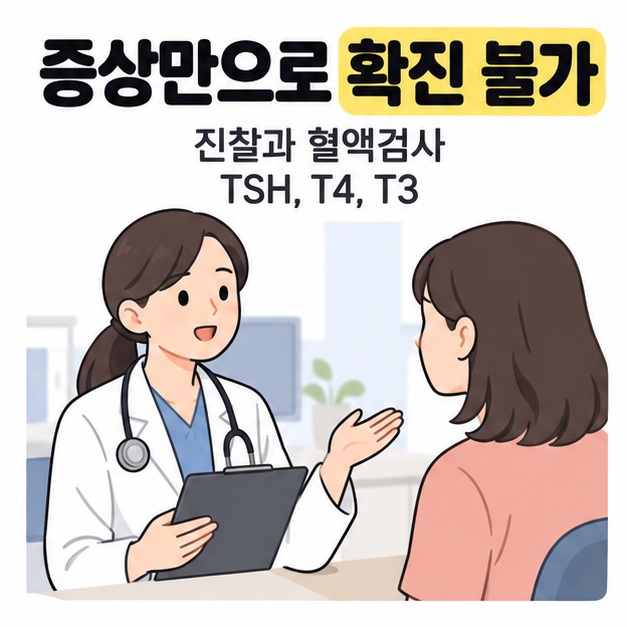 증상만으로 확진 불가와 진찰 및 혈액검사 안내, TSH와 T4와 T3 문구 아래 의료진과 상담하는 환자