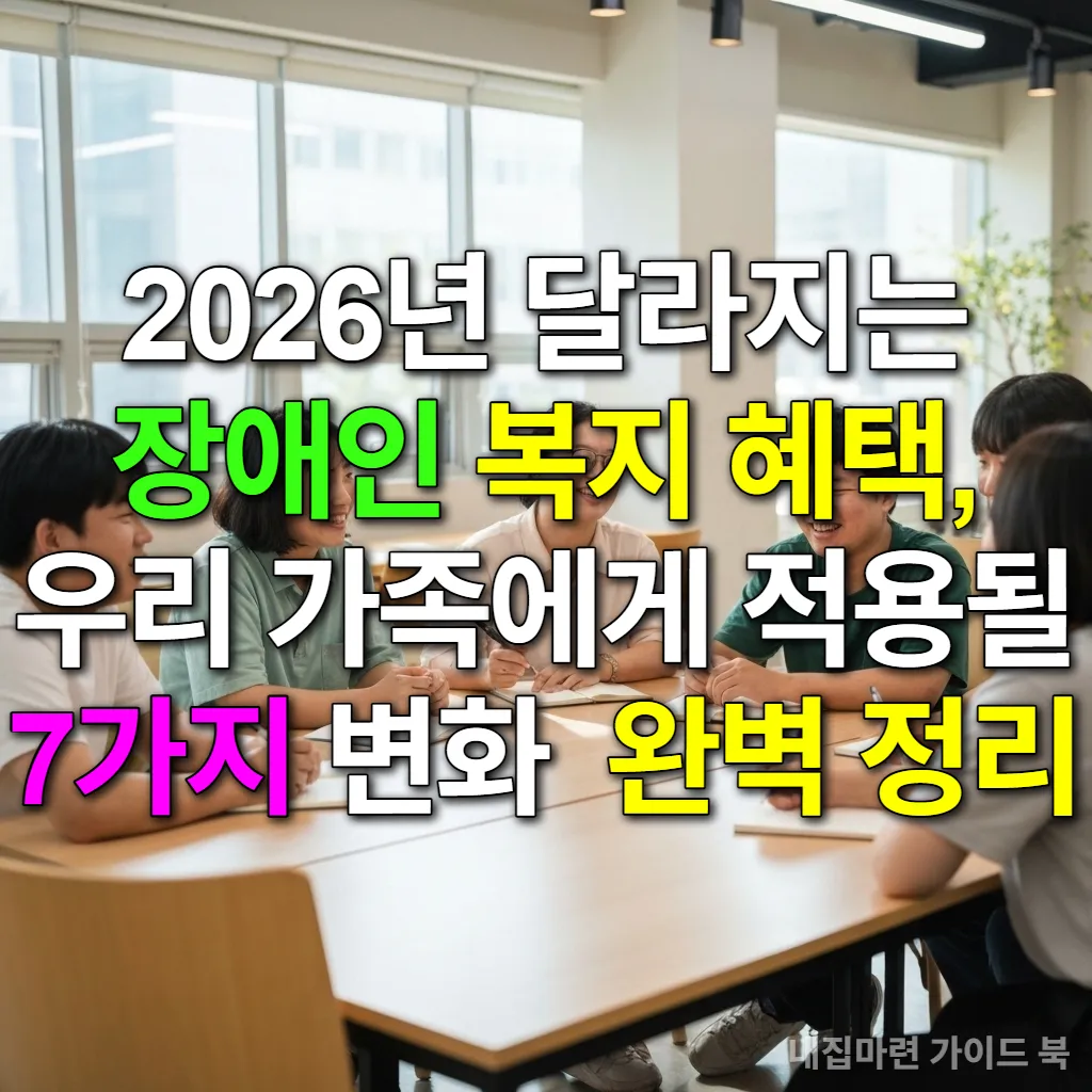 다양한 젊은 장애인들이 한국의 현대적인 커뮤니티 센터에서 활발하게 토론하는 모습