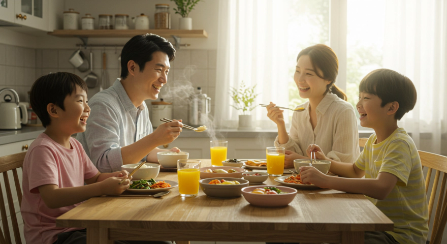 아침 식탁에서 웃는 가족