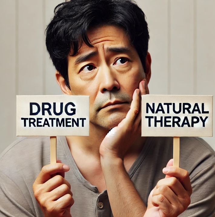 약물치료와 자연요법이 써있는 팻말을 들고 고민하고 있는 사진