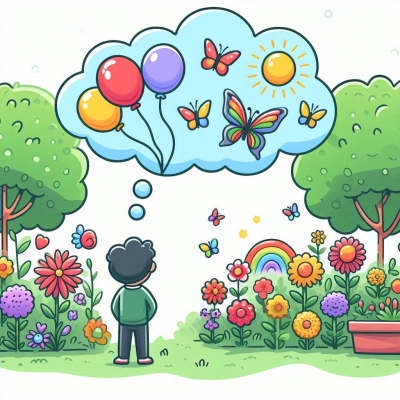 풍선과 나비가 가득한 하늘을 떠다니는 장면을 꿈꾸는 사람의 이미지입니다.