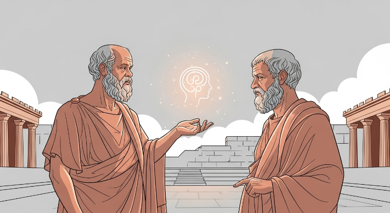 고대 그리스 철학자들이 깊은 대화를 나누며 자기 성찰의 중요성을 논하는 모습을 담은 예술적인 삽화. 내면의 지혜를 상징하는 빛나는 상징이 보인다.